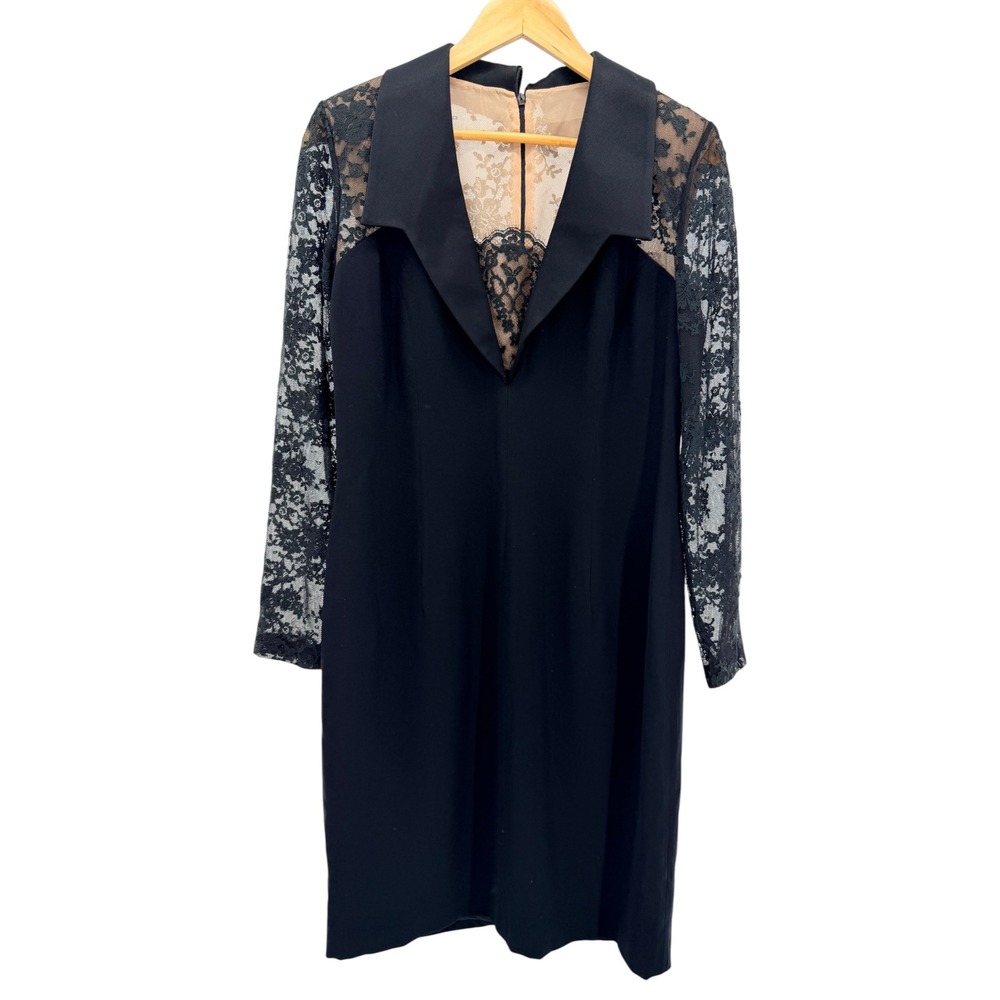 Travilla Vintage Black Cocktail Dress Lace Sleeve Nude Underlay Marilyn Monroe 8